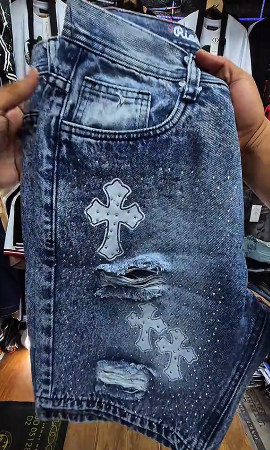 Men's Cross Ripped Denim Shorts