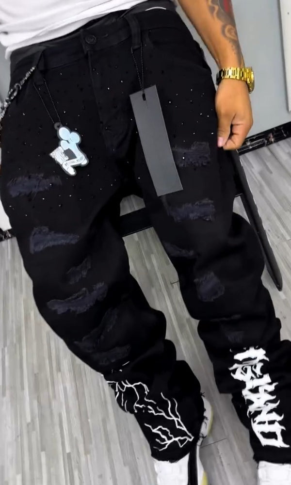 Black Rhinestone Lightning & Letter Casual Jeans