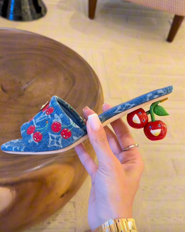 Cherry Embroidered Denim Sandals