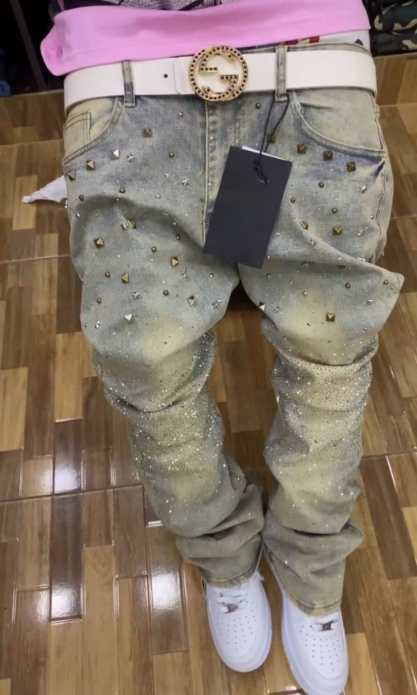 Men's Distressed Crystal Rhinestones Jeans