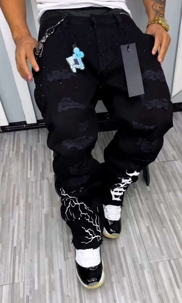 Black Rhinestone Lightning & Letter Casual Jeans