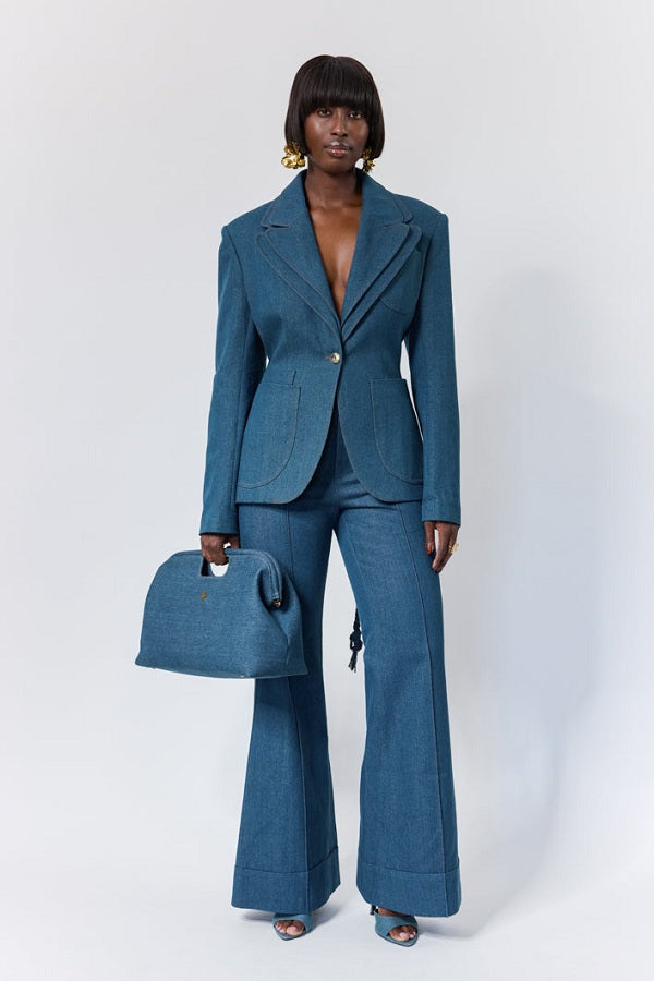Open-back Fitted Denim Blazer & Trousers