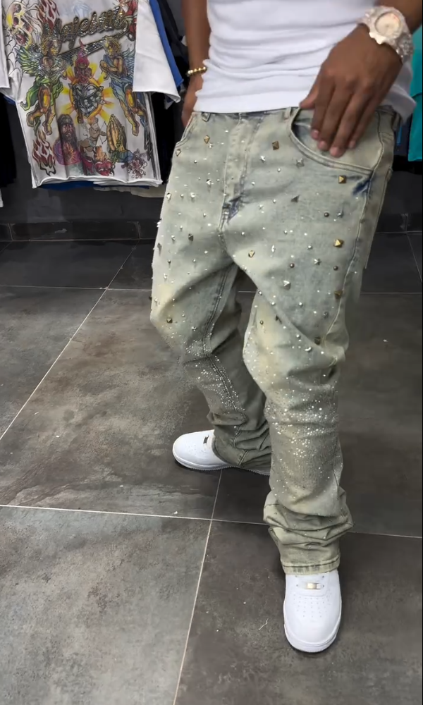 Men's Distressed Crystal Rhinestones Jeans
