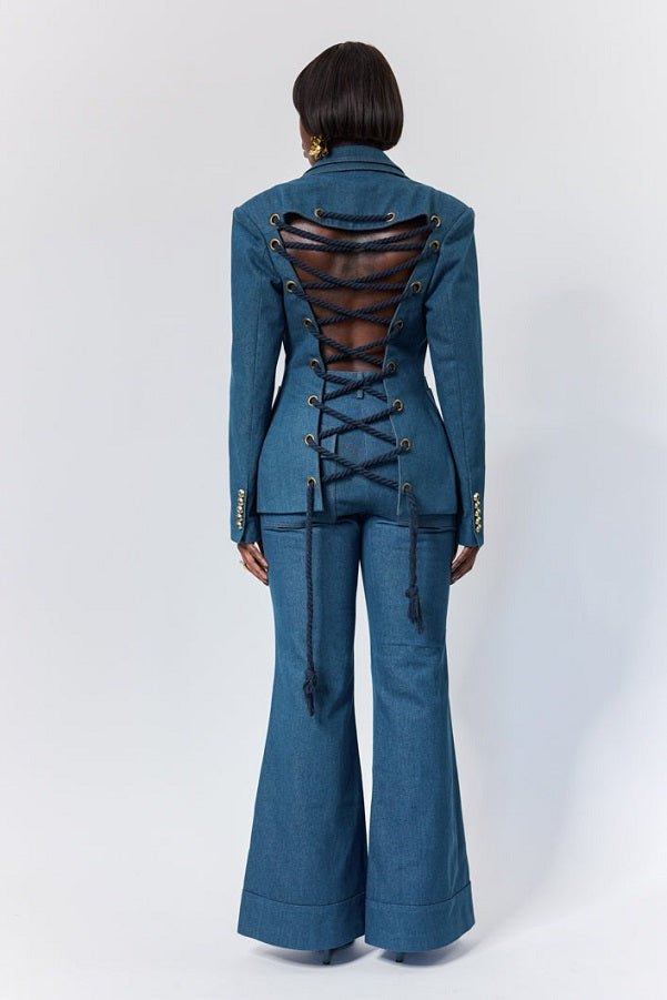 Open-back Fitted Denim Blazer & Trousers