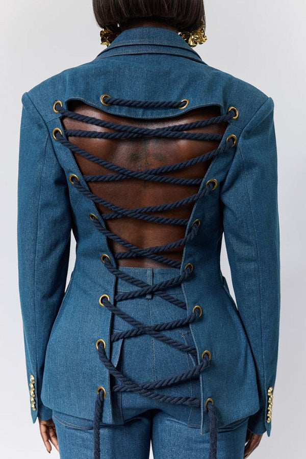 Open-back Fitted Denim Blazer & Trousers