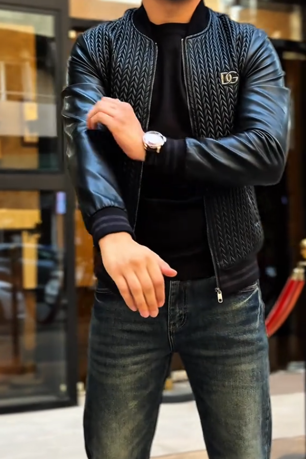 Men's Woven  Leather Bomber Jacket