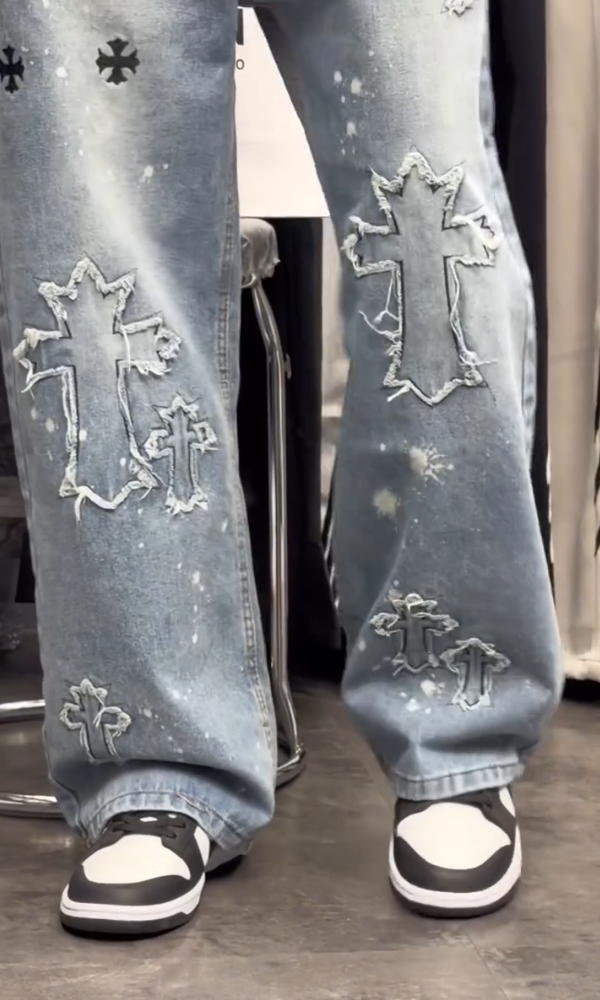 Cross-Embroidered Denim Jeans