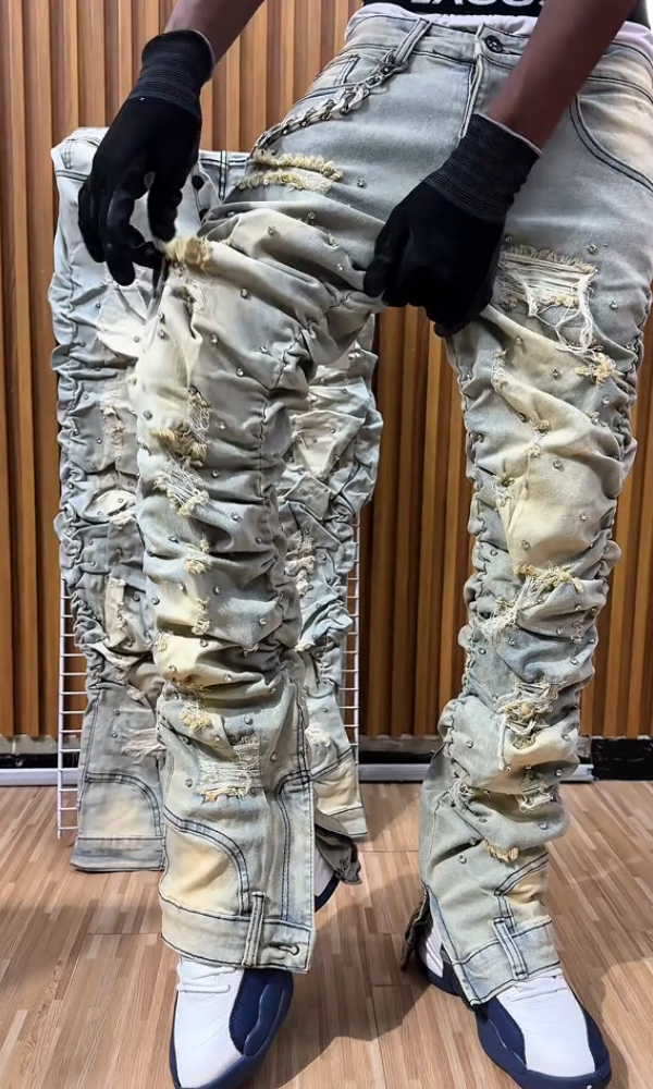 Men's Stylish Stacked Rhinestone Distressed Ripped Jeans