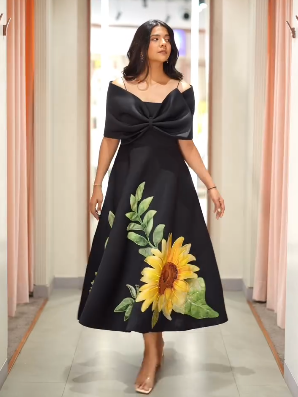 Beautiful Sunflower Bow Midi Dress