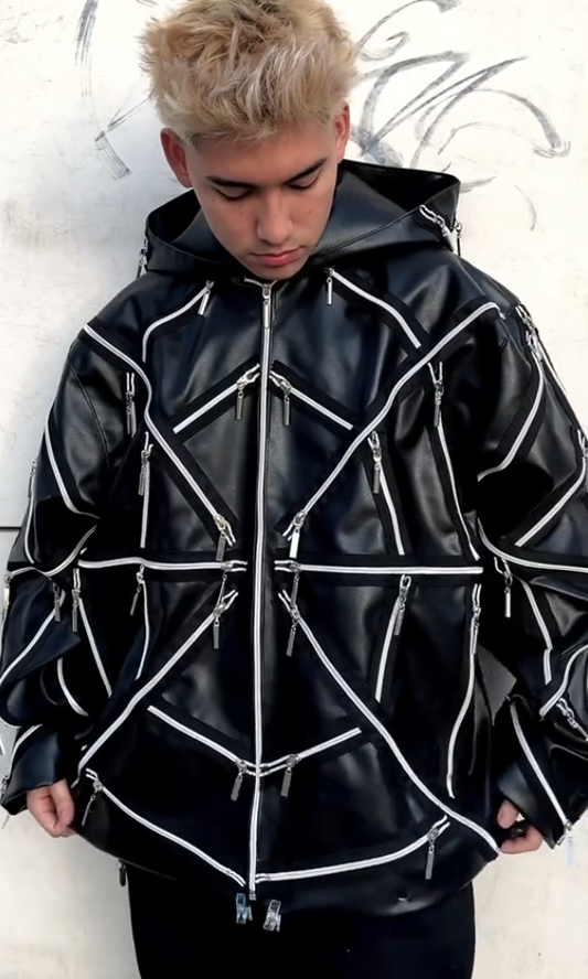 Couple's Hooded "Spider Web" Zipper Leather Jacket
