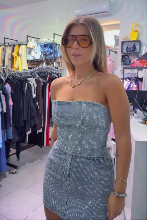 Sparkling Diamond Bandeau Denim Suit