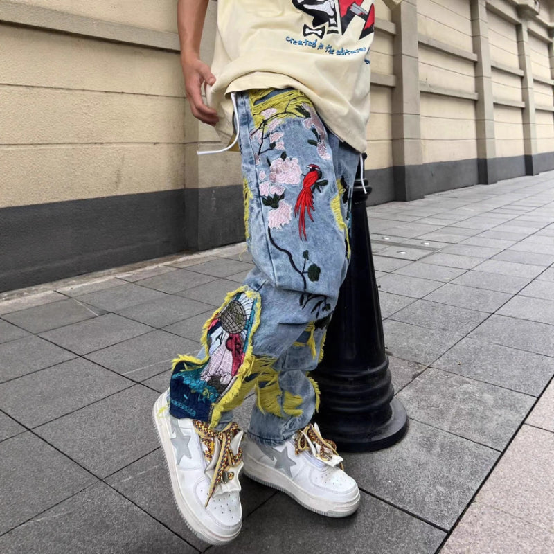 Men's Embroidered Ripped Loose Pants