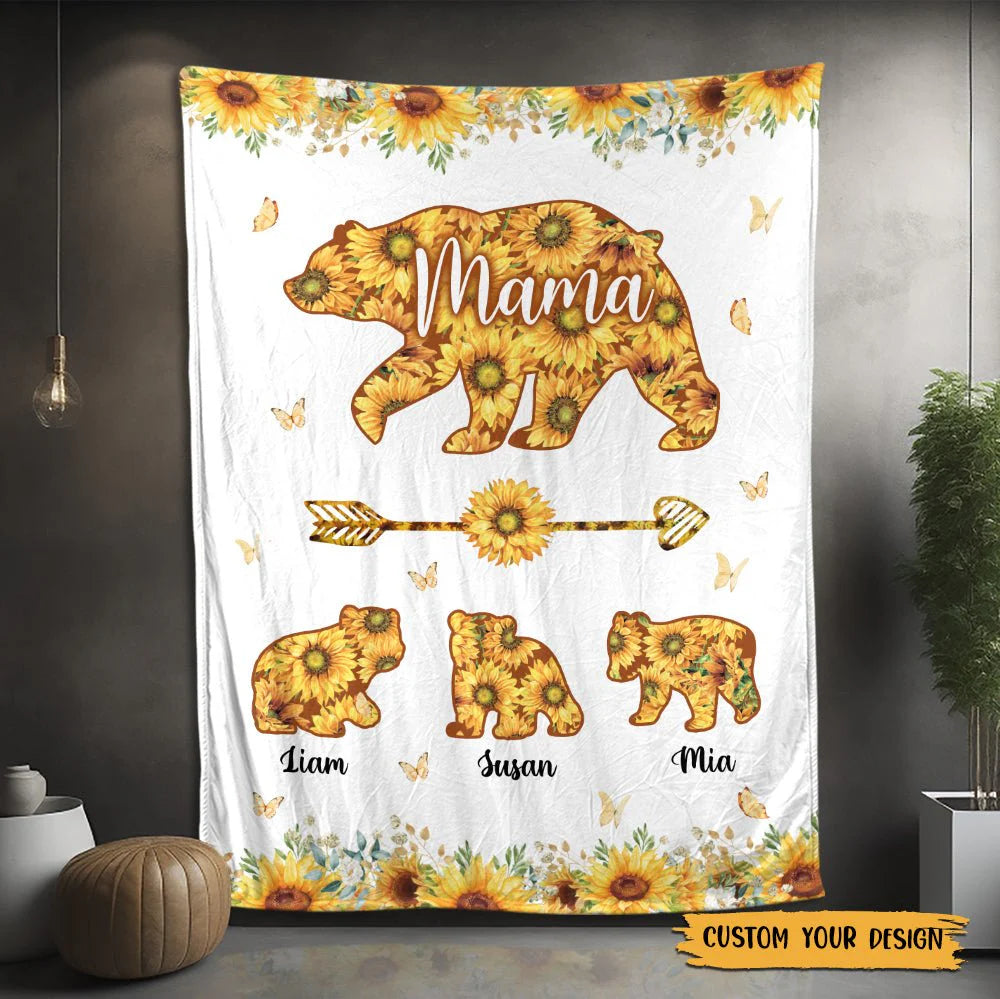 Custom Mama Bear Sunflower Blanket - Gift For Mother's Day