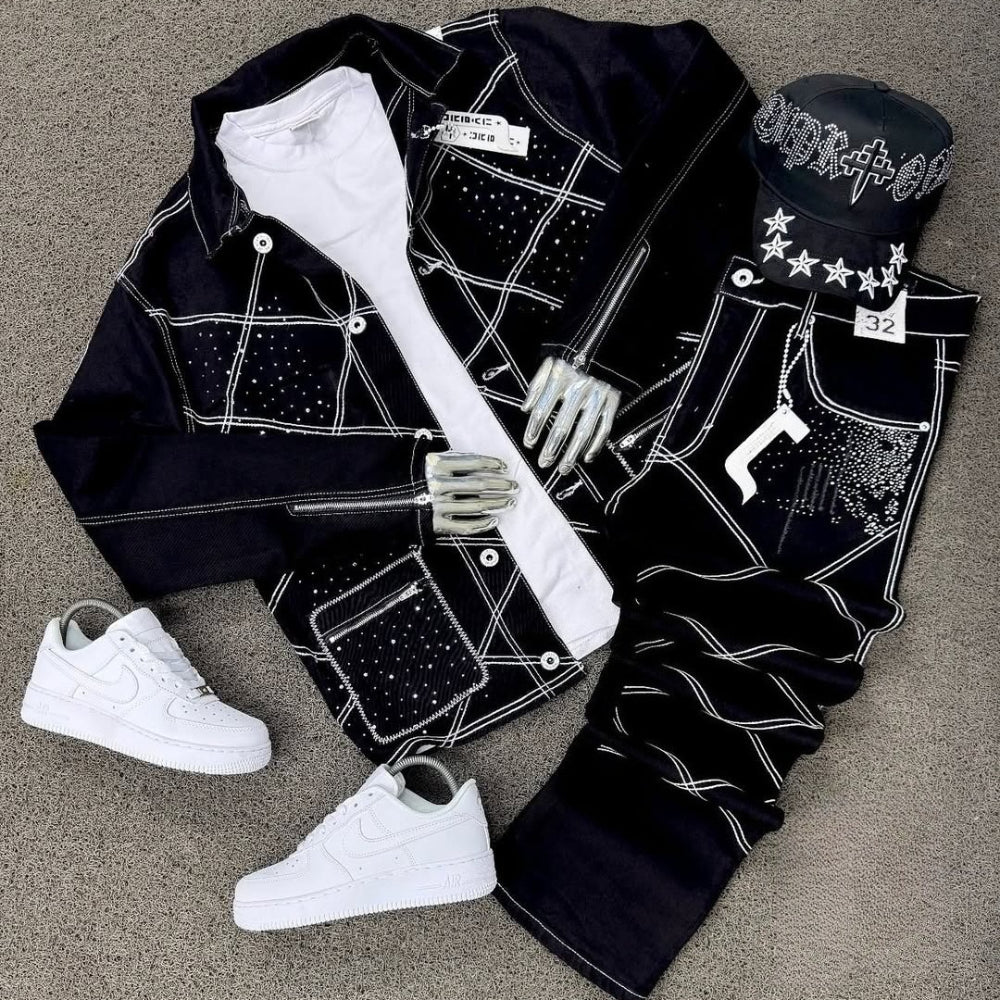 Men's Diamond Double-stitched Jacket & Trousers Set