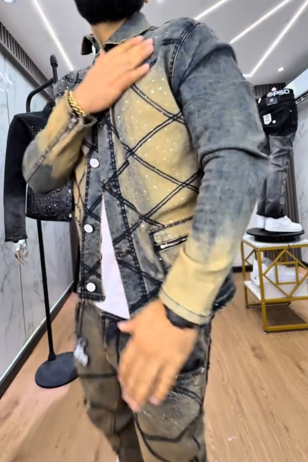 Mustard Yellow Distressed Denim Rhinestone Jacket & Trousers Set