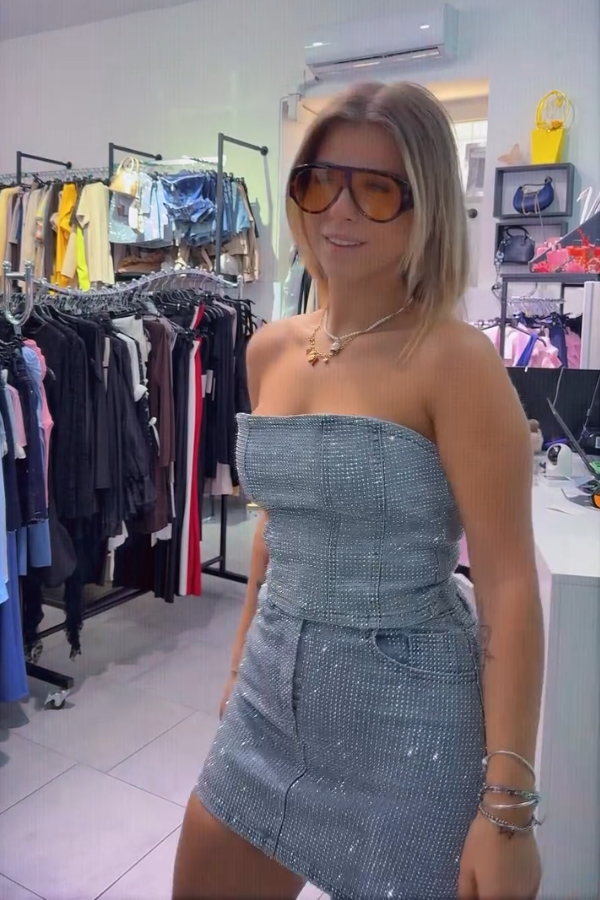 Sparkling Diamond Bandeau Denim Suit