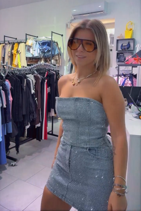 Sparkling Diamond Bandeau Denim Suit