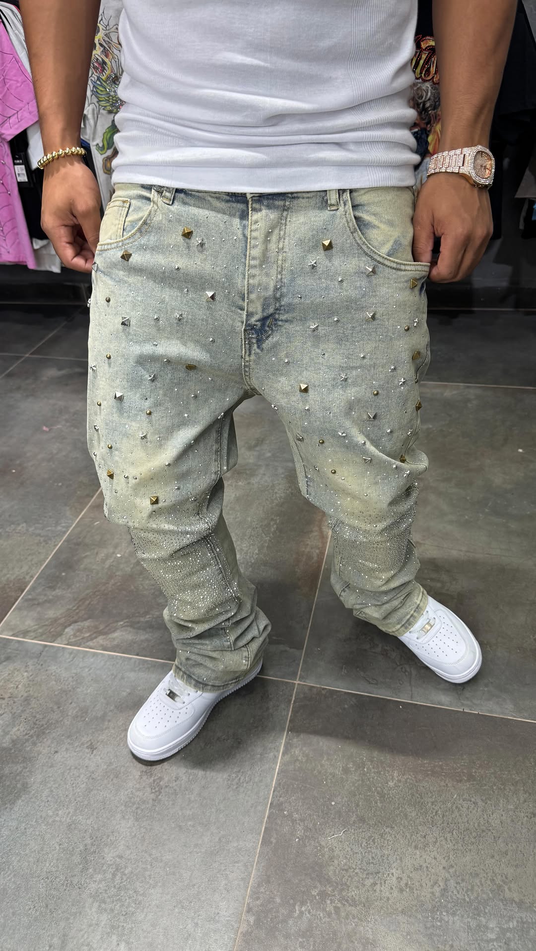Men's Distressed Crystal Rhinestones Jeans