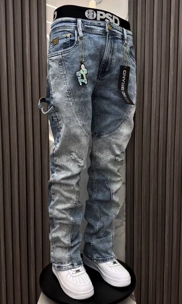 Hexagonal Rhinestone Draped Casual Jeans