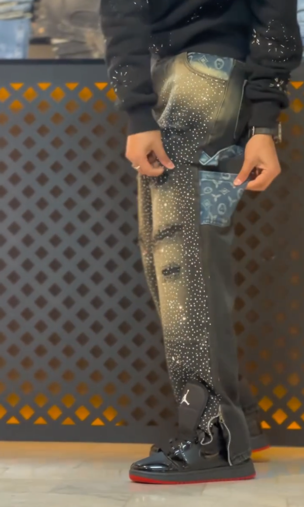 Side Zipper Casual Rhinestone Ripped Distressed Jeans