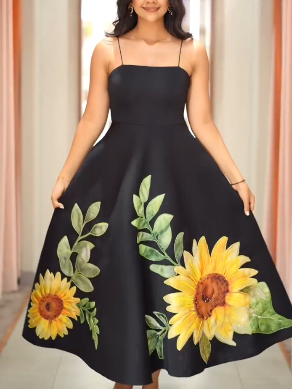 Beautiful Sunflower Bow Midi Dress