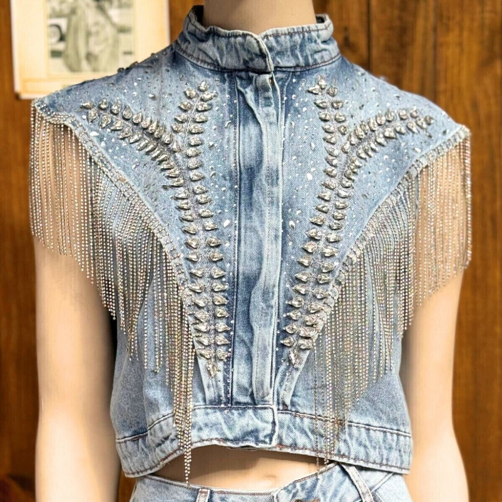 Shiny Tassel Denim Vest & Pants Set