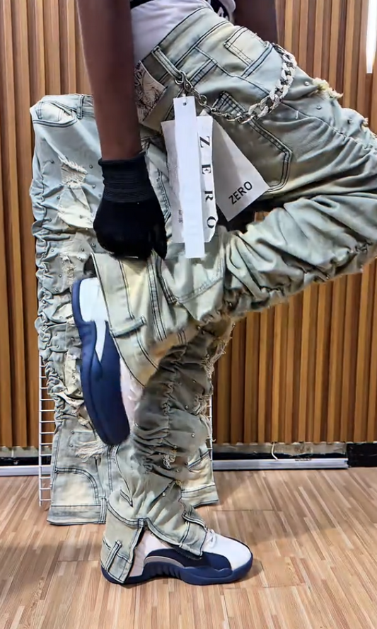 Men's Stylish Stacked Rhinestone Distressed Ripped Jeans