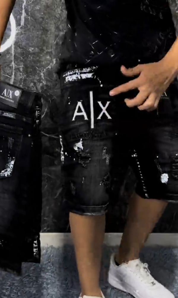 Splatter-Paint Style Embroidered Denim Shorts