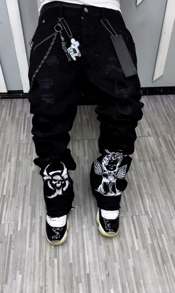 Shiny Casual Skull & Angel Ripped Jeans