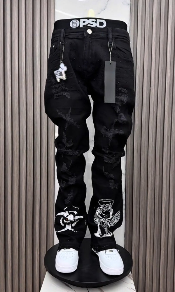 Shiny Casual Skull & Angel Ripped Jeans