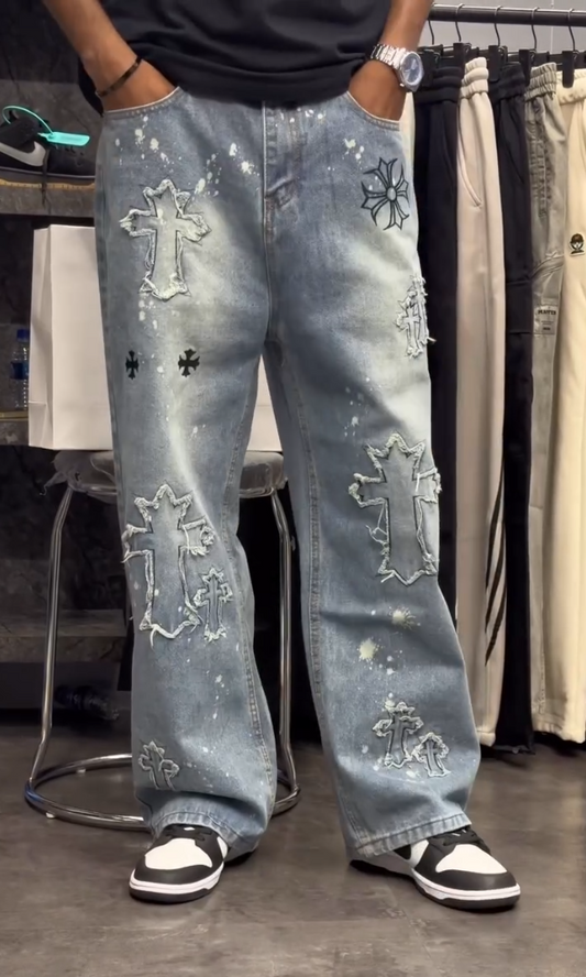 Cross-Embroidered Denim Jeans