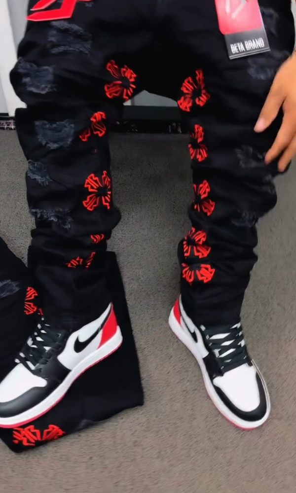 Men's Embroidered Distressed Jeans