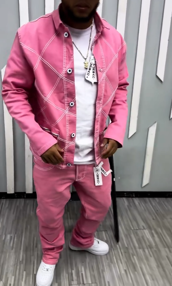 Men's Pink Double-stitched Jacket & Trousers Set