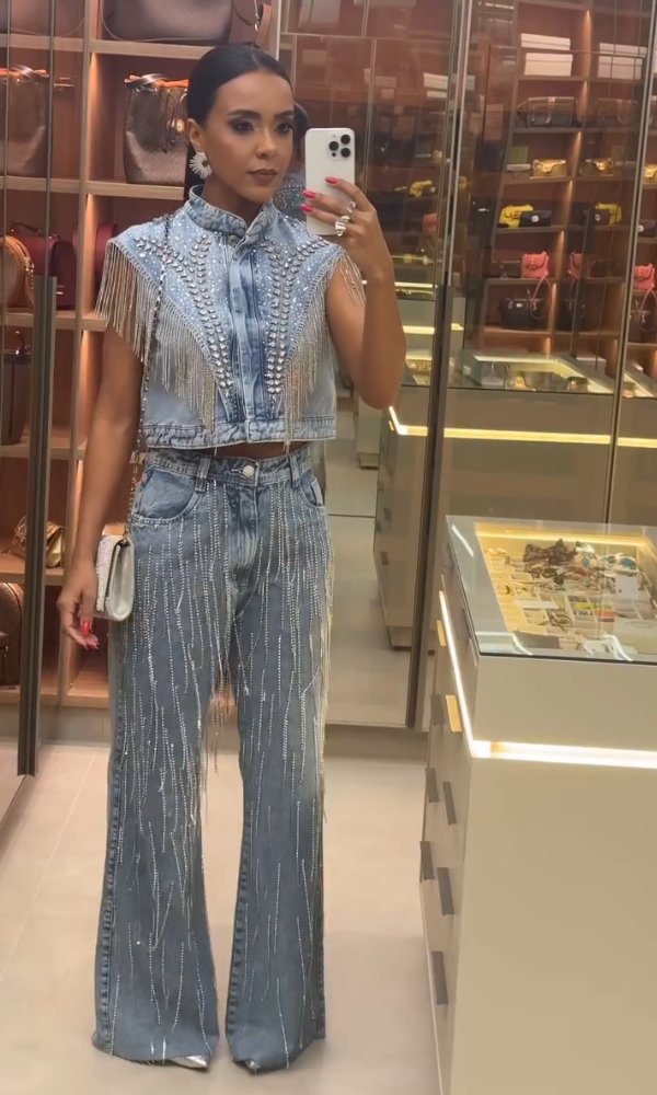 Shiny Tassel Denim Vest & Pants Set