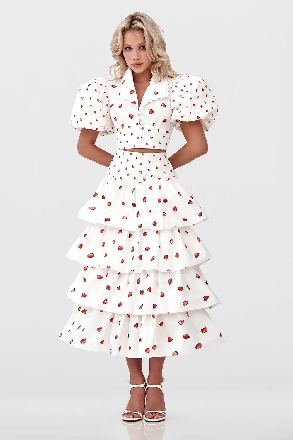 Strawberry Print Puff Sleeve Top & Skirt Set