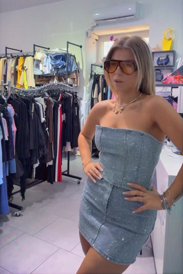 Sparkling Diamond Bandeau Denim Suit
