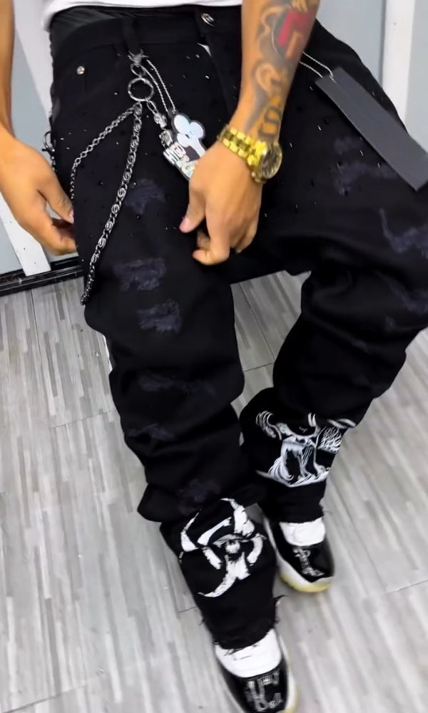 Shiny Casual Skull & Angel Ripped Jeans