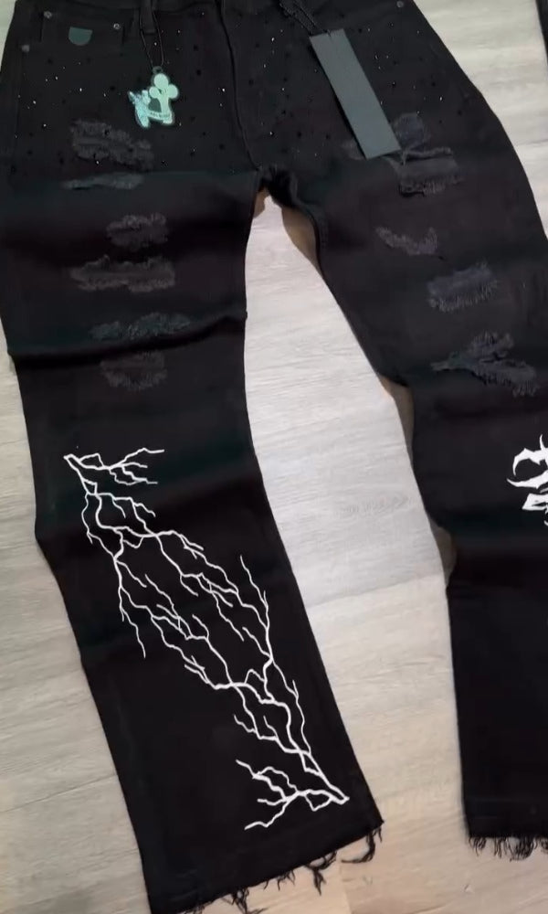 Black Rhinestone Lightning & Letter Casual Jeans