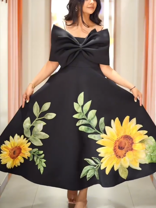 Beautiful Sunflower Bow Midi Dress
