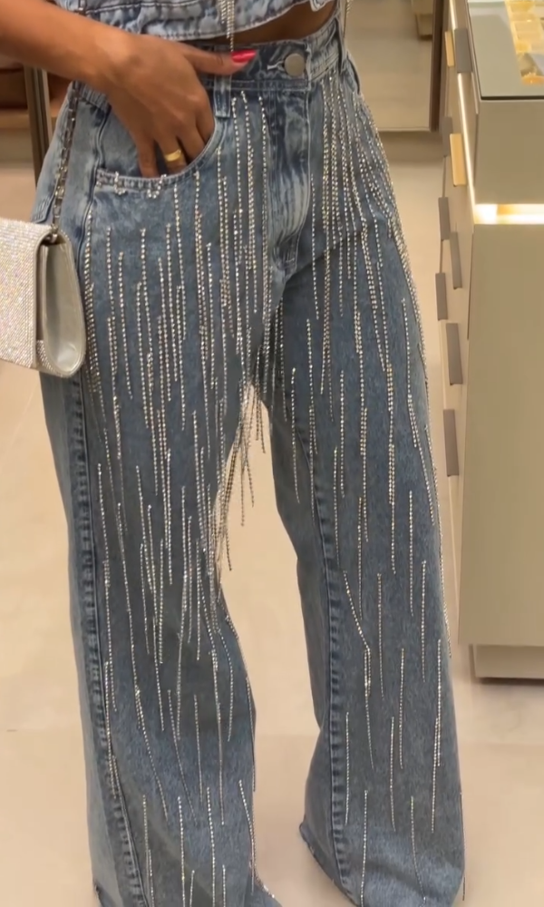 Shiny Tassel Denim Vest & Pants Set