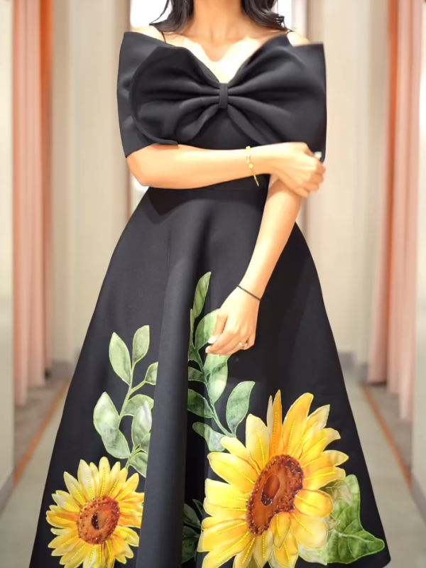 Beautiful Sunflower Bow Midi Dress