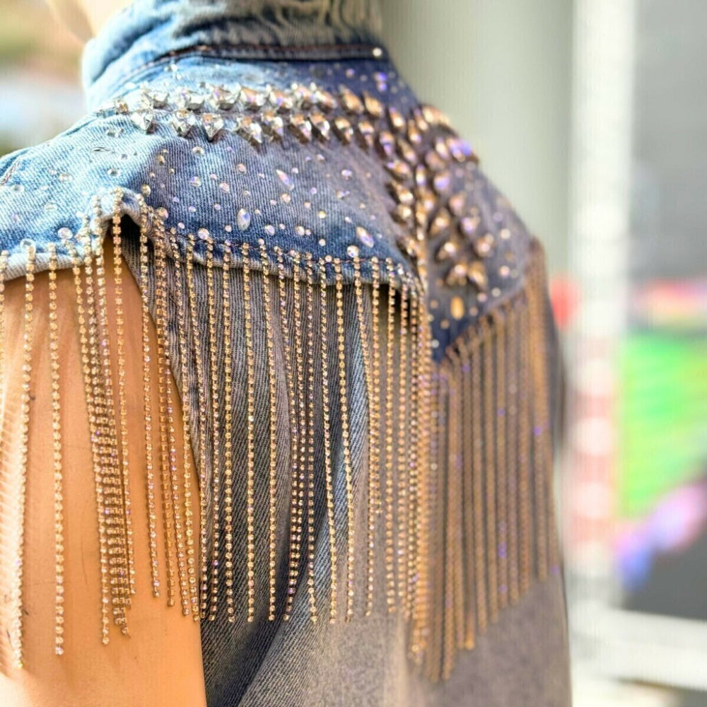 Shiny Tassel Denim Vest & Pants Set