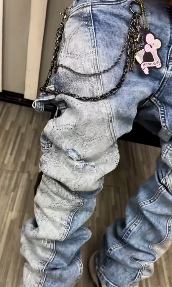 Hexagonal Rhinestone Draped Casual Jeans