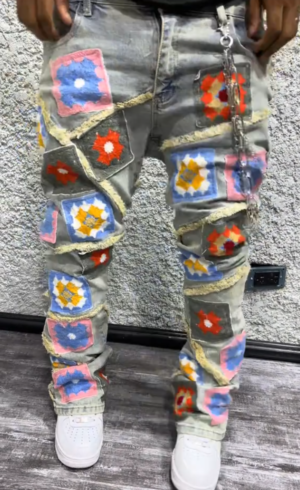 Men's Casual Floral Patch Jeans