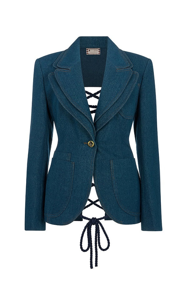 Open-back Fitted Denim Blazer & Trousers