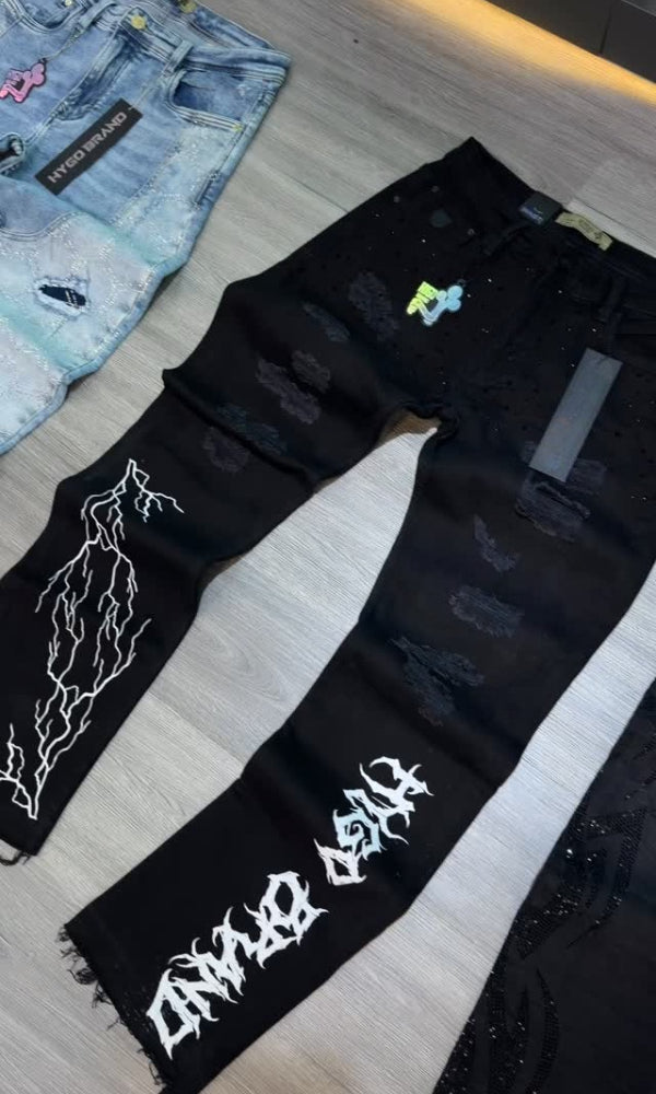 Black Rhinestone Lightning & Letter Casual Jeans