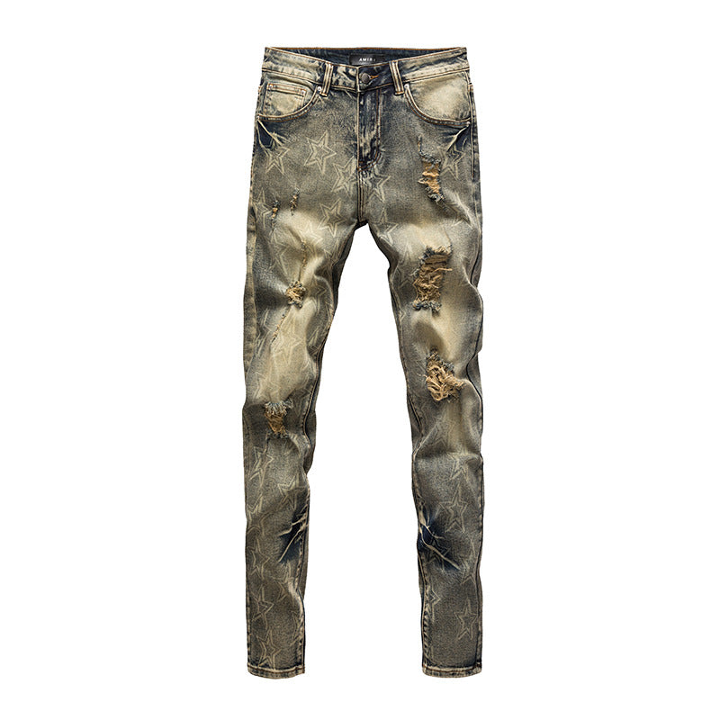 Retro Distressed Ripped and Printed Casual Jeans