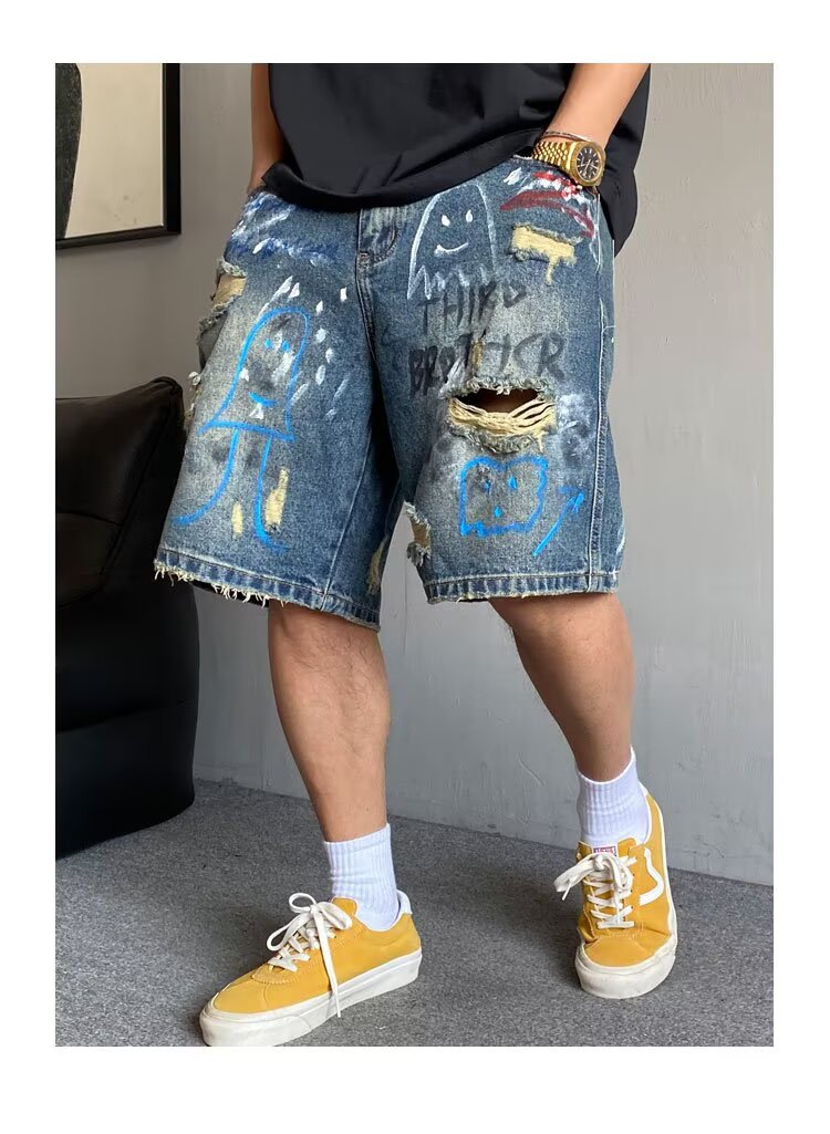 Men's Graffiti Ripped Denim Shorts