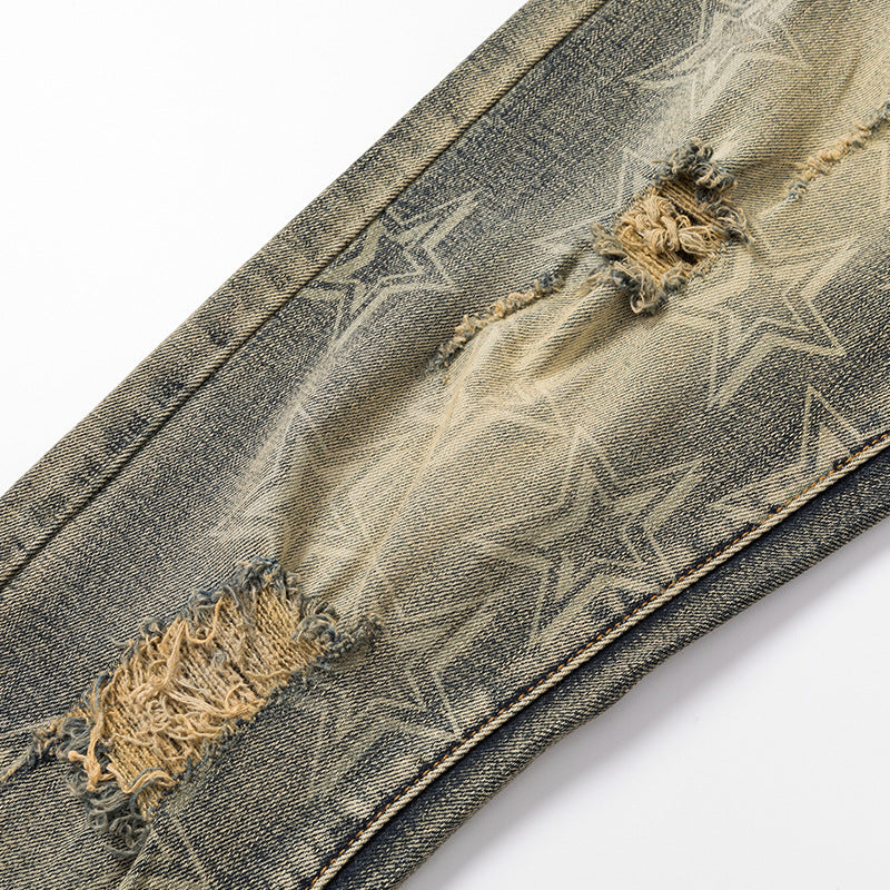 Retro Distressed Ripped and Printed Casual Jeans
