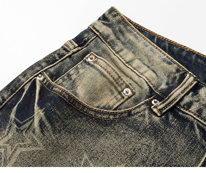 Retro Distressed Ripped and Printed Casual Jeans